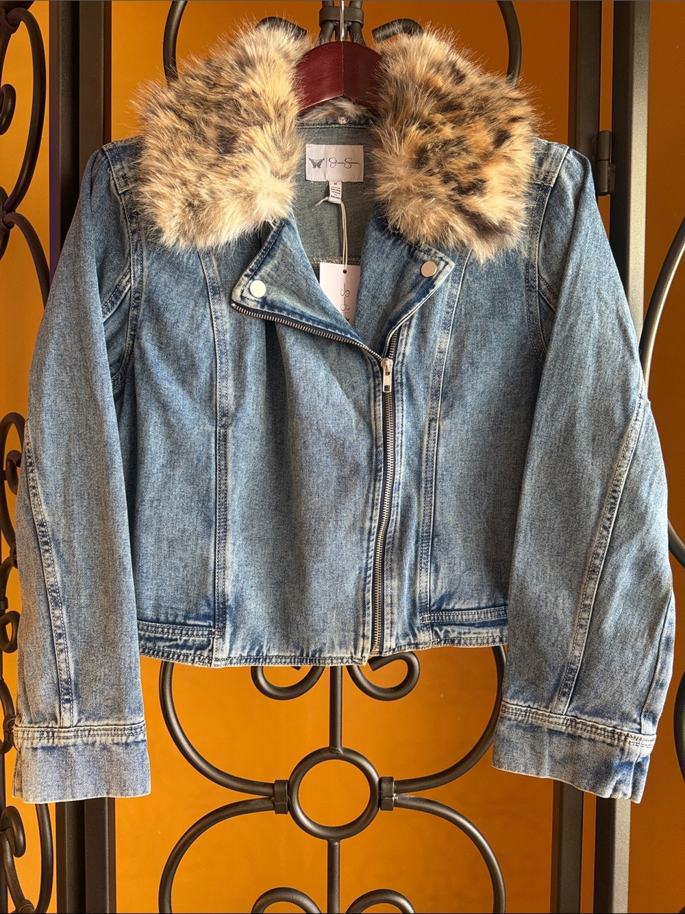 JESSICA SIMPSON Denim Moto Jacket with Faux Fur Collar